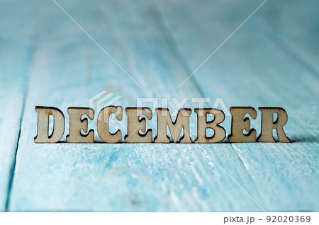 The month of December is large on a blue background. Calendar months. The names of the months for the calendar. 92020369