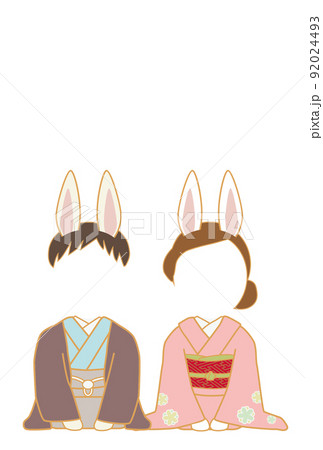 顔ハメできるうさぎの耳をした和服の男女 92024493