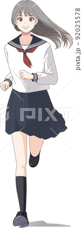 走る学生　中学生　高校生　セーラー服白　ロングヘア　前向き　挑戦　進む 92025578