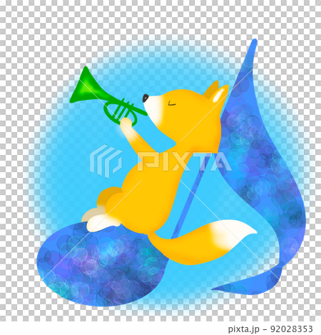 Illustration of a fox playing the trumpet over a note Illustration of a fox playing the trumpet over a note 92028353