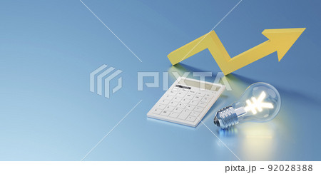 円記号が光る白熱電球と電卓 / 電気代値上げ・高熱費高騰・エネルギー問題と節電のイメージ 円記号が光る白熱電球と電卓 / 電気代値上げ・高熱費高騰・エネルギー問題と節電のイメージ 92028388