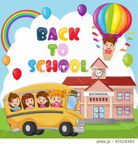 Back to school. Happy children riding on school bus and hot air balloon 92028483