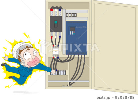 インバータ盤の端子に触ってしまい感電している作業員男性 92028788