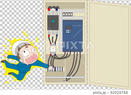 インバータ盤の端子に触ってしまい感電している作業員男性 92028788