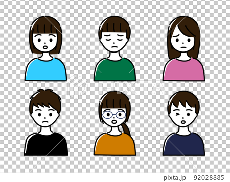 6名男女（上半身）從小學高年級到初中生的負面表情 92028885