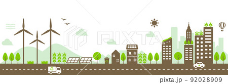 エコ・エコロジー・自然・環境保護に配慮した都市・スマートシティー 横長イラスト 92028909