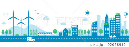 エコ・エコロジー・自然・環境保護に配慮した都市・スマートシティー 横長イラスト 92028912