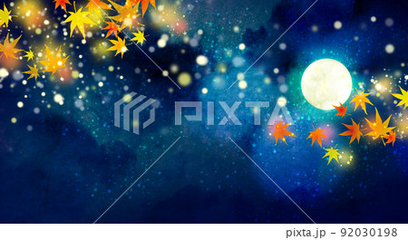 輝く月夜と紅葉　背景素材 92030198