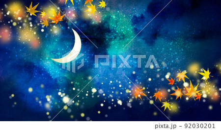 輝く月夜と紅葉 背景素材 輝く月夜と紅葉 背景素材 92030201