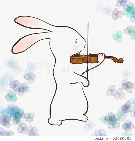 ウサギが楽しそうにバイオリンを弾いているイラストのイラスト素材