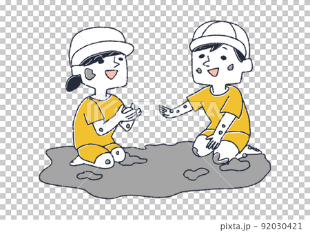 泥んこ遊びをする男の子と女の子 伸び伸びと過ごすこども達のセットのイラスト素材