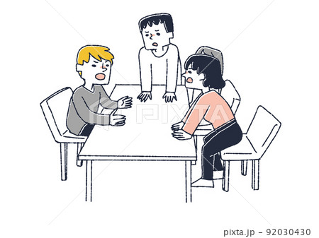 机で行われる激しい言い争い　言い争いや議論をする人々　主張や意見の食い違い 92030430