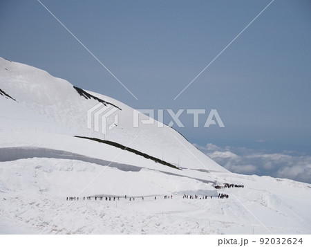 室堂展望台から見た雪の大谷のパノラマロードを歩く人 92032624