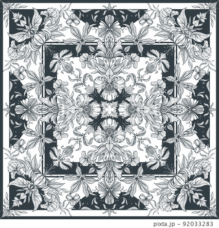Vector black and white shawl print with beautiful hand drawn floral pattern 92033283