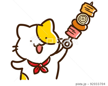 キャンプでバーベキューを食べるかわいいねこのデフォルメイラスト キャンプでバーベキューを食べるかわいいねこのデフォルメイラスト 92033704