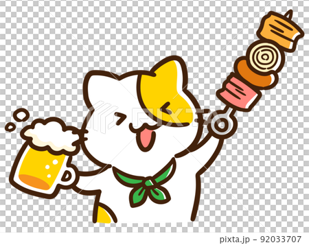 ビールを片手にバーベキューを楽しむかわいいねこのデフォルメイラストのイラスト素材