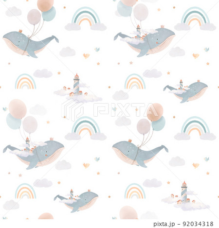 Beautiful children seamless pattern contain cute watercolor flying whales with air balloons lighthouses clouds and rainbows. Stock illustration. 92034318