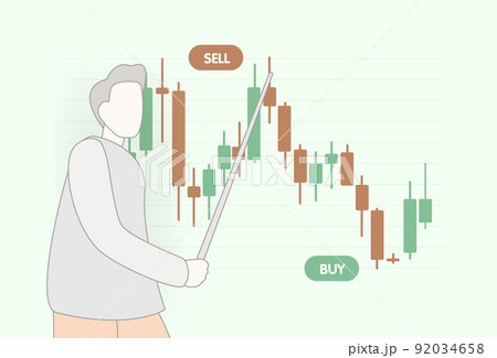 Webinar, seminar or lecture on financial trading on stock, forex or crypto market. Business financial analyst character tells how to trade with candlesticks, where to invest, buy, sell assets 92034658