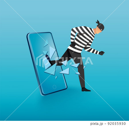 Hacker, thief hacking into smartphone. vector illustration 92035930