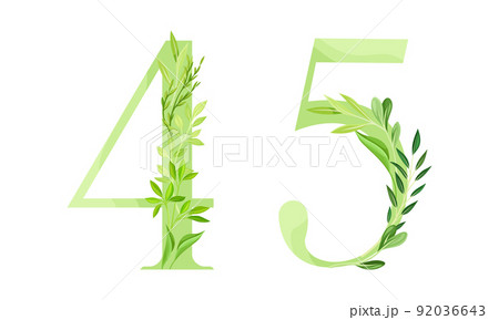 4,5 numbers made of green leaves. Green leaves font cartoon vector illustration 92036643