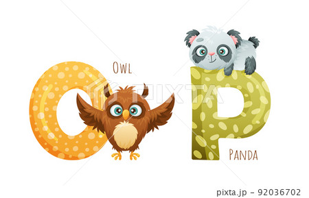 Cute zoo alphabet. O,P letters and owl, panda bear animals cartoon vector illustration 92036702