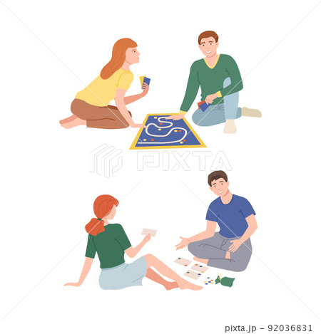 People playing tabletop games set. Couples having good time together at home vector illustration 92036831