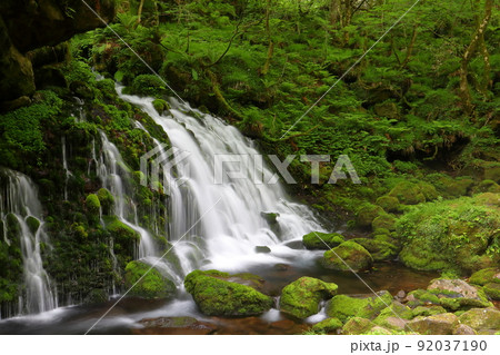 秋田県にかほ市象潟町本郷　元滝伏流水のメインの滝のスローシャッター撮影 92037190