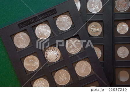 Coin case with numismatic collection of antique coins. Plastic and wooden numismatic album. Coin case with numismatic collection of antique coins. Plastic and wooden numismatic album. 92037219