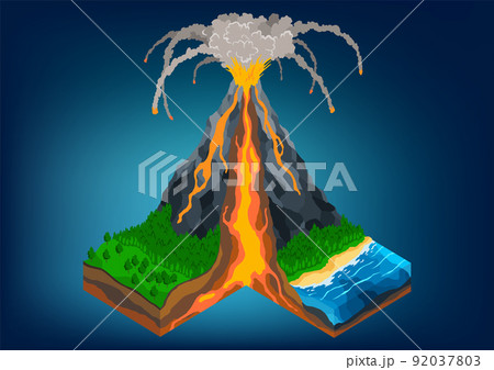 Isometric of volcano in cross section infographic. Structure include magma chamber, gases cone, vent and crater lava bomb ash. Section of the Earth crust 92037803