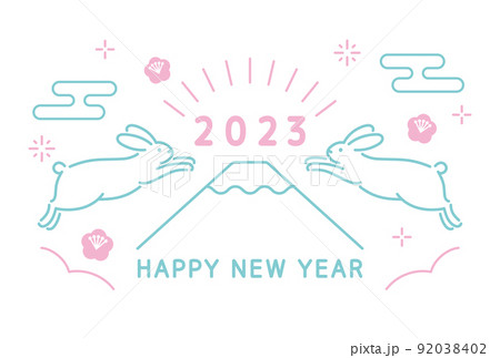 2023年卯年年賀状　跳ねるうさぎと富士山 92038402