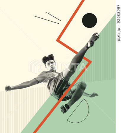 Contemporary art collage. Creative design with young man, football player in motion, training. Kicking ball Contemporary art collage. Creative design with young man, football player in motion, training. Kicking ball 92038997
