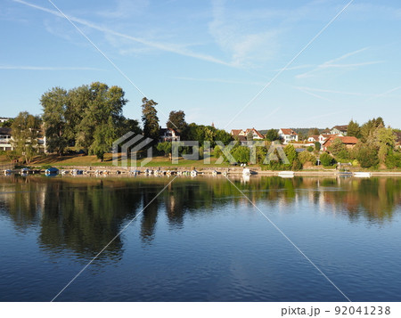 Desolate Rhine River in european STEIN AM RHEIN town in SWITZERLAND 92041238
