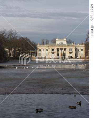 Ducks and palace on isle in baths park, Warsaw, Poland - vertical Ducks and palace on isle in baths park, Warsaw, Poland - vertical 92041264