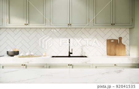 Kitchen room interior design and decoration with mable countertop and buit in light green cabinets. 3d rendering close up modern room interior. Kitchen room interior design and decoration with mable countertop and buit in light green cabinets. 3d rendering close up modern room interior. 92041535