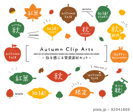 秋の背景素材セット　紅葉　モミジ　イチョウ　葉　食べ物　果物　アイコン　イラスト　飾り　フレーム 92041809