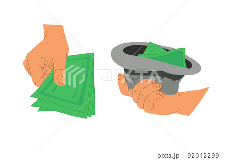 Human hands hold paper money backs. Cartoon flat human hands collection with cash money Human hands hold paper money backs. Cartoon flat human hands collection with cash money 92042299