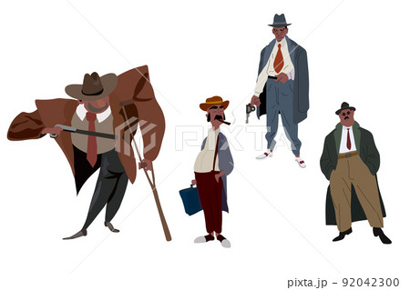 Gangster and mafia cartoon characters. Killers and criminals in hats, mafia boss. Masked threat gangster brutal bandit with guns Gangster and mafia cartoon characters. Killers and criminals in hats, mafia boss. Masked threat gangster brutal bandit with guns 92042300
