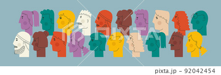 Different faces of people in profile. Cute unrealistic faces of men and women of different skin colors and with a variety of hairstyles. Web banner social. Different faces of people in profile. Cute unrealistic faces of men and women of different skin colors and with a variety of hairstyles. Web banner social. 92042454