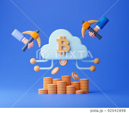 3d rendering concept cloud mining illustration. People mining cryptocurrency using cloud computing technology. 92042898