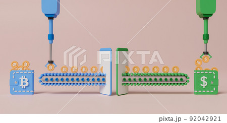 3d rendering concept cryptocurrency exchange illustration. Bitcoin transfer to smartphone for exchanging to dollar coins. 3d rendering concept cryptocurrency exchange illustration. Bitcoin transfer to smartphone for exchanging to dollar coins. 92042921