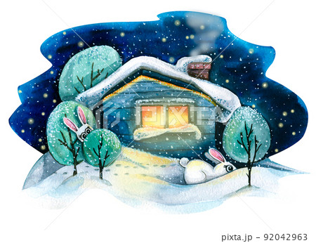 A rustic house in the snow with trees and cute bunnies. Winter landscape. Watercolor illustration. For the design and decoration of postcards, posters, banners, books, packaging, calendar. 92042963