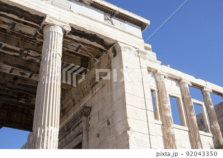 view on parthenone athens from small real parts, reconstruction in process close up 92043350