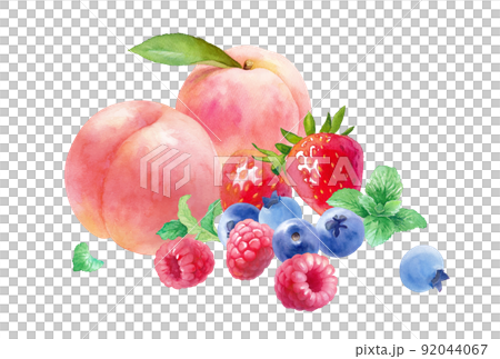 Watercolor illustration of 3 kinds of fresh berries and peaches. A collection of raspberries, strawberries, blueberries, mint and peaches Watercolor illustration of 3 kinds of fresh berries and peaches. A collection of raspberries, strawberries, blueberries, mint and peaches 92044067