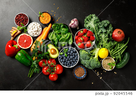 Healthy food. Healthy eating background. Fruit, vegetable, berry. Vegetarian eating. Superfood Healthy food. Healthy eating background. Fruit, vegetable, berry. Vegetarian eating. Superfood 92045546