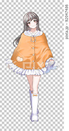[Natural hair color] Girl in charge of long hair orange wearing a poncho 92047486