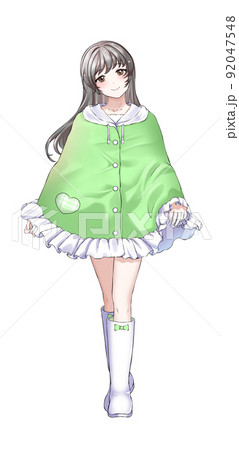 【自然な髪色】ポンチョを着たロングヘア緑担当の女の子 【自然な髪色】ポンチョを着たロングヘア緑担当の女の子 92047548