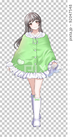 [Natural hair color] Girl in charge of long hair green wearing a poncho 92047548
