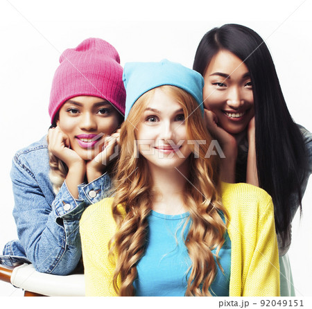 diverse nation girls group, teenage friends company cheerful having fun, happy smiling, cute posing isolated on white background, lifestyle people concept close up 92049151