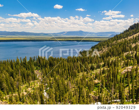 High angle view of the Jenny lake landscape of the Grand Teton National Park High angle view of the Jenny lake landscape of the Grand Teton National Park 92049329