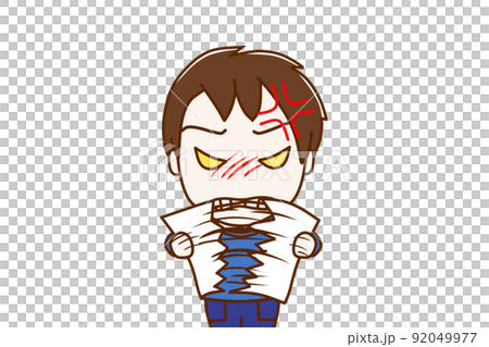 (Front of upper body) A boy who is angry and tears the paper he has in half (Front of upper body) A boy who is angry and tears the paper he has in half 92049977